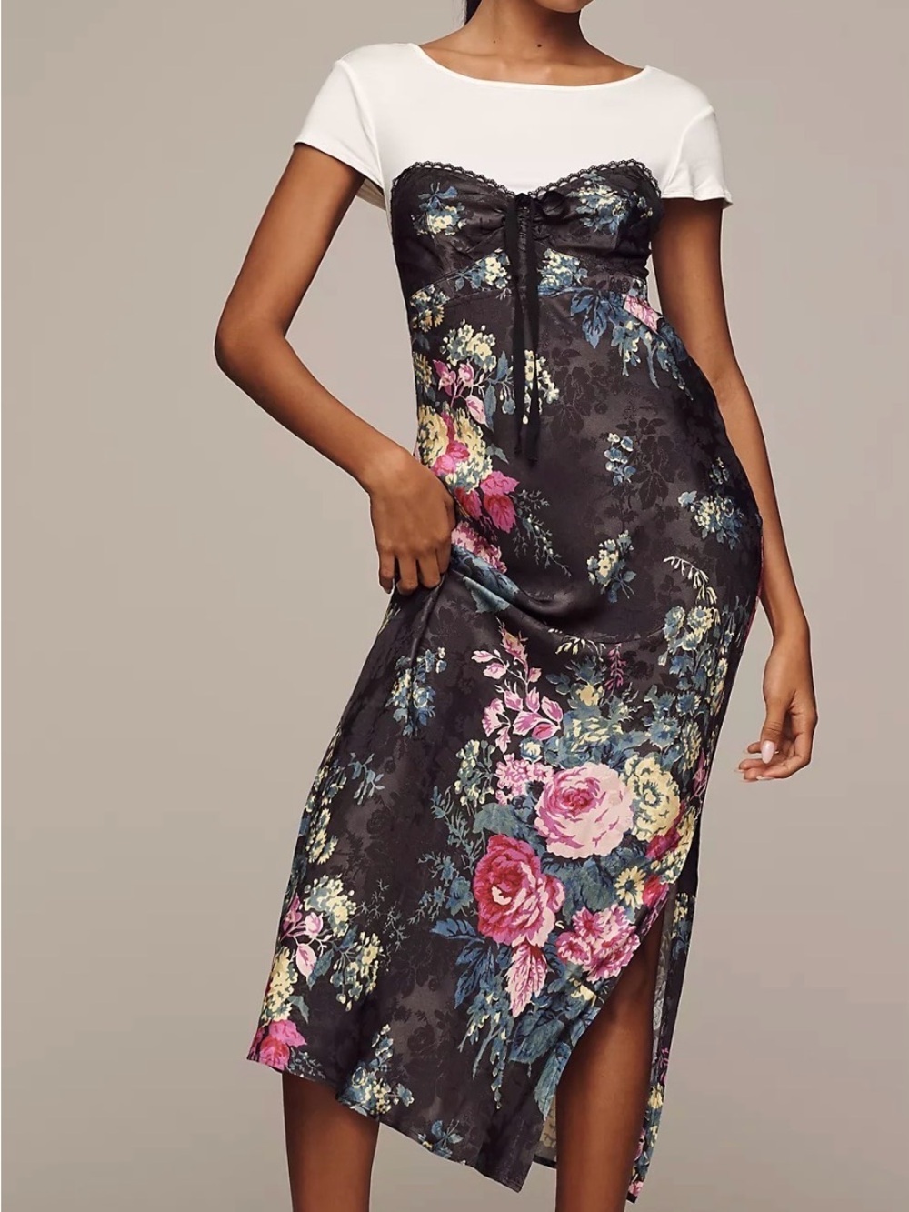 Anthropologie Twofer Midi Slip Dress Black Floral Cottagecore Size Small New